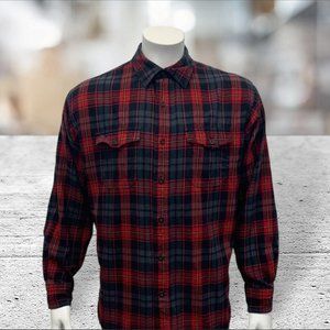 Vintage Red Head Cotton Red Black Plaid Flannel Lumber Jack Long Sleeve Shirt LG